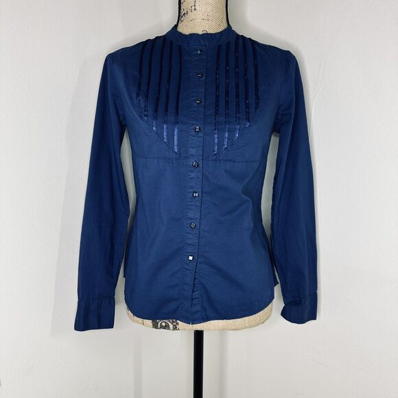 Talbots Blue Pin Tuck Blouse Petite Sz S Button Up Shiny Buttons Mock Neck Women - Picture 13 of 13